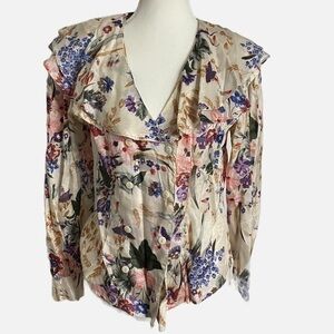 At Last Studio Vintage Cream and Floral Button Down Shirt with Ruffled Neckline